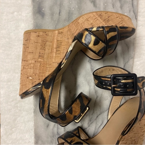 Stuart Weitzman Sz 6 Leopard Print Ankle Strap Wedge Heels Tan Black - Picture 7 of 13